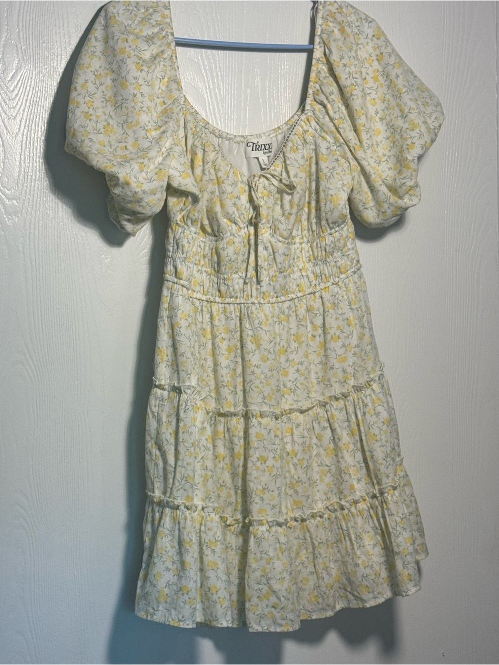 Boho Cottagecore Floral Puff Sleeve Tiered Mini Dress in Pale Butter Yellow